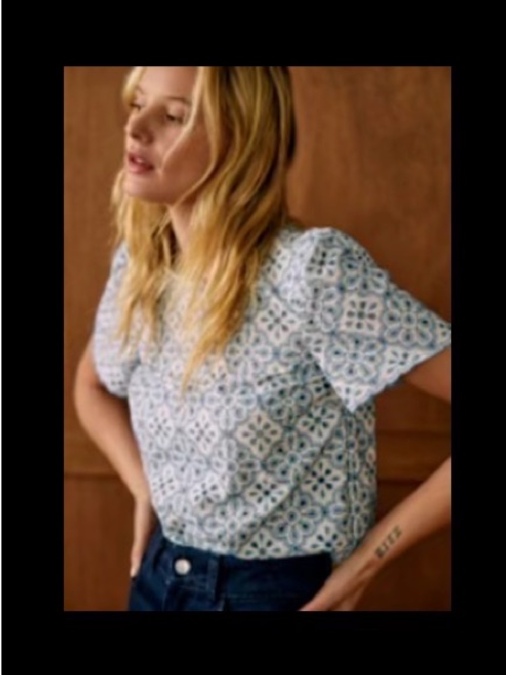 Sezane Blue and White Embroidered Floral Short Sleeve Top
